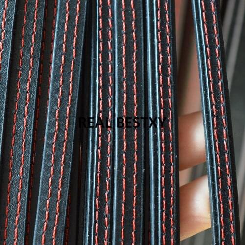 D082 5m/lot approx 8*3.4mm black leather cords with sewing red threads leather flat cords for jewelry diy making findings cord