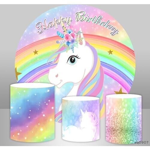 Circle Round Backdrop Cover Elastic Cartoon Rainbow Unicorn Party Background Custom Children Birthday Photocall Baby Shower