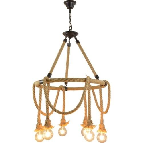 Vintage Retro 6 Head Rope Cord Round Pendant Lamp E27 Edison Bulb Decor Hanging Lighting Fixture For Living Room Restaurant