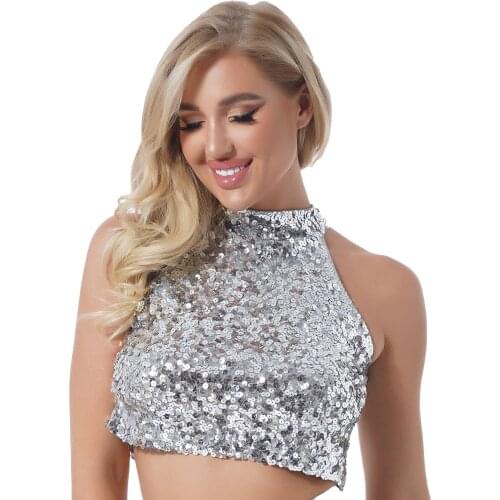 Womens Ladies Fashion Glitter T-shirt Sparkling Sequin Crop Tops Mock Neck Sleeveless Tank Top Party Nightclub Festival Costumes