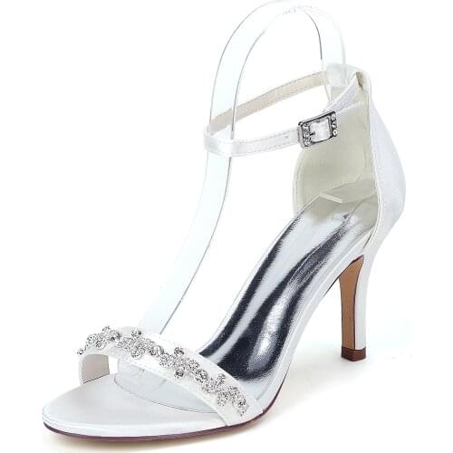 High Heels Satin Small Crystals Wedding Sandals Shoes Women Open Toe Ankle Buckle Strap Heeled Evening Party Sandals