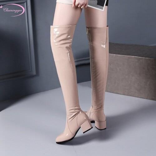 European street genuine leather over knee high boots stretch mirror patent zipper medium with thick heel womens riding boots