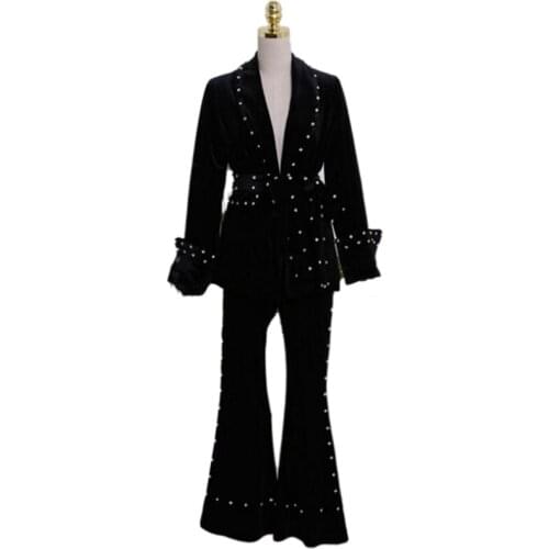 Luxury Diamonds Fashion Lapel Long Sleeve Lace Up Gold Velvet Blazer + Wide Leg Pants Women Two Piece Outfits