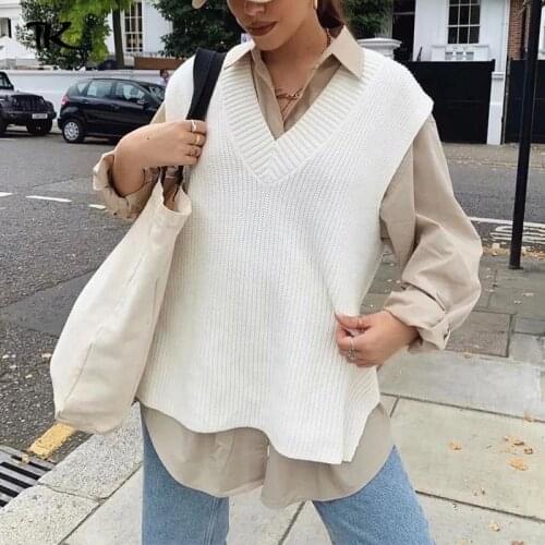 Women Knitted Sleeveless Vest Sweaters Solid Preppy Ins V-Neck Loose Casual Female Vests Fashion Spring Autumn Sweater 2021