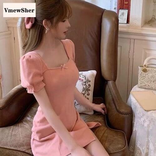 VmewSher New Summer Women Dress Knitted Short Split Hem Bow Square Neck Solid Slim Dress Sexy Bodycon Female Party Casual Mini