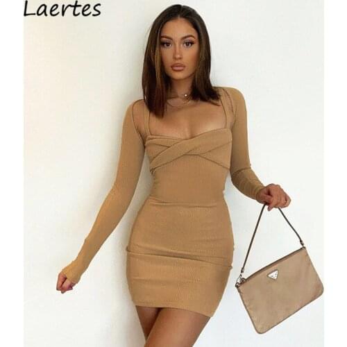 Laertes Autumn Winter Long Sleeve Kint Bodycon Dress For Women Sexy Patchwork Ruched Mini Khaki Party Dress 2 Piece Set Clothing