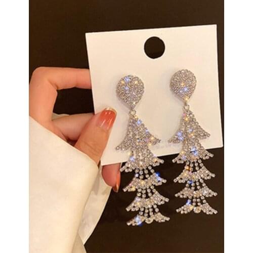2021 New Exaggerated Luxury Rhinestone Tree Shaped Long Tassel Drop Earrings For Women Girls Party Jewelry