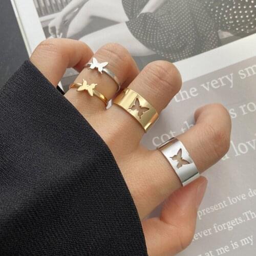 2021 Punk Hiphop Geometric Butterfly Rings for Women Gold Silver Couple Butterfly Ring Set Trendy Open Rings Party Jewelry