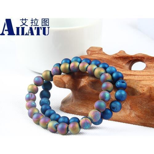 Ailatu Natural 8mm Blue and Purple Scrubs Openings Laugh Stone Lucky Elastic Beaded Bracelet Jewelry