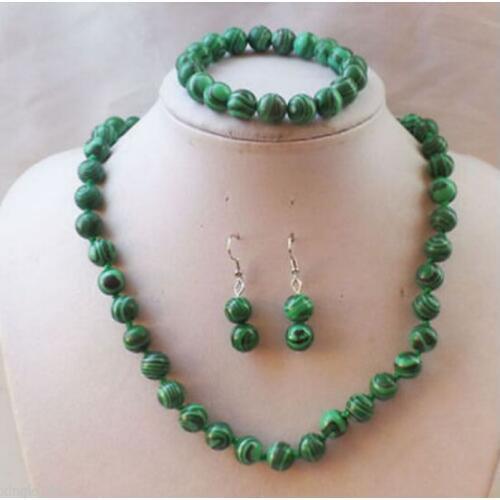 Free shipping NEW 8mm green malachite round necklace Bracelets Earrings Set 20inch