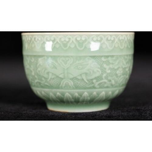 Plum Green Elephant Pattern Tangled Branch Lotus Tea Cup Retro Style Chinese Master Cup Ceramic Tea Set Hand Carved Cup