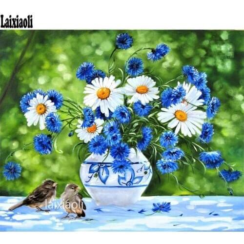 Diy diamond painting "blue cornflower daisy" pictures cross stitch 5d square drill mosaic rhinestone embroidery diamond bird art