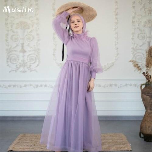 Elegant Lilac Dubai Muslim Evening Dress Vintage Long Sleeve High Neck Arabic Prom Dresses With Sash Moroccan Robe De Soirée