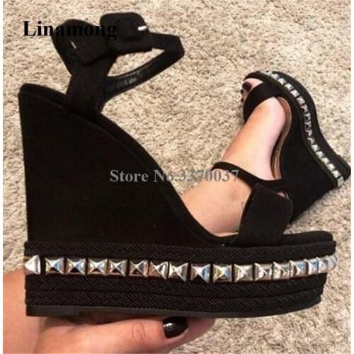 Brand Design Women Fashion Open Toe High Platform Rivet Wedge Sandals Gold Silver Red Height Increased Wedges Dress Heels Shoes