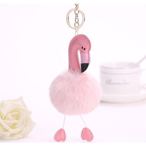 Flamingo Party Cute Fluffy Pompom Flamingo Keychain Women Faux Rabbit Fur Ball Pompon Brithday Party Decoration Kids Ring Holder