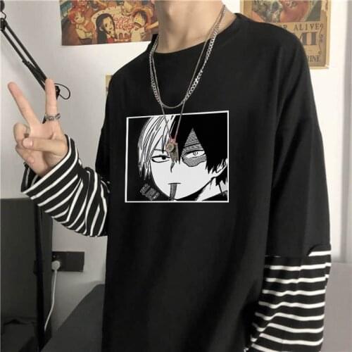 Anime My Hero Academia Todoroki Shoto Long Sleeve T-Shirts Korean Street Hip Hop Unisex Oversize Fake Two Pieces Stripes T-Shirt