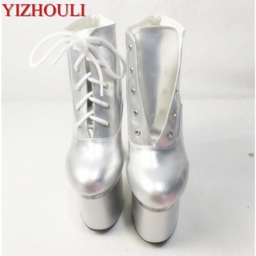 18 cm high heel club pole dancing boots, gradient color nightclub girls ultra high heel boots, silver square heel Dance Shoes
