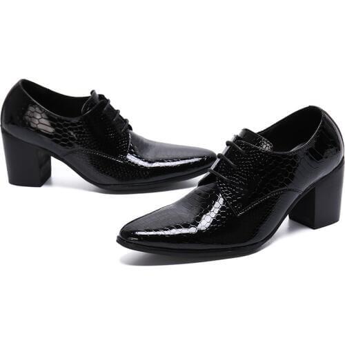 Shiny Snakeskin Grain schoenen mannen Black Club Party Mens Shoes Lace Up Wedding Prom Shoes Square High Heels Leather Shoes Men