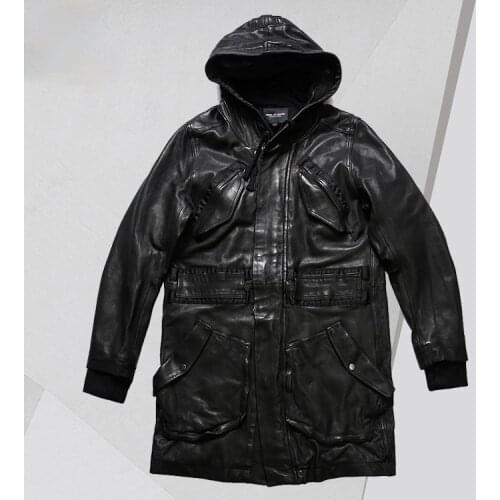 2021 New Japanese Style Retro Goth Mens Washed Distressed Top Layer Vegetable Tanned Sheepskin Mid-Length Leather Trench Coat