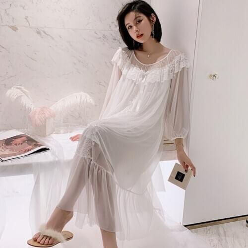 Net yarn Nightdress Fairy Lace Nightwear Princess Palace Style Women Nightgown Loose Home Wear Bridal Robe Formal Gowns Pijamas