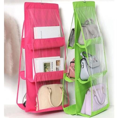 6 Pocket Hanging Handbag Organizer for Wardrobe Closet Transparent Storage Bag Door Wall Clear Sundry Shoe Bag with Hanger