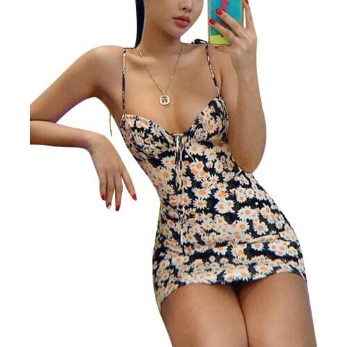 Daisy Dress Women Ladies Casual Sleeveless Bodycon Slim Straight Mini Dress Summer Streetwear Girls Sweet Flower Print Sundress