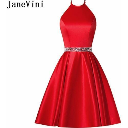 JaneVini Simple Red Satin Beaded Short Bridesmaid Dresses with Pockets A Line Halter Backless Girls Homecoming Dress Plus Size