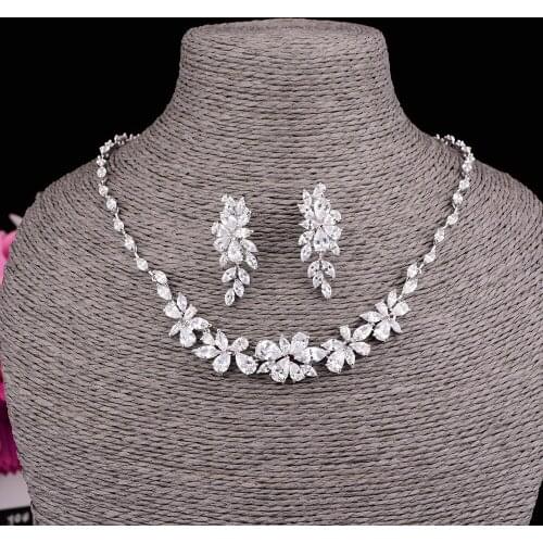 Vintage Flower Cubic Zirconia Wedding Necklace Earrings Set For Women Party Jewelry Pin Earrings Girlfriend Gift CZL-6040