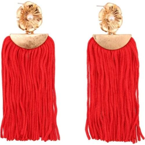 Simulated Pearl Chunky Rope Tassel Pendant Drop Statement Earrings for Women Design Flower Gold Color Metal Dangle Earrings