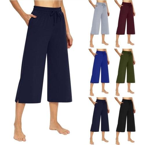 Women Wide-leg Cropped Trousers, Solid Color Elastic High Waist Capri Pants, Army Green/ Black/ Navy/ Grey