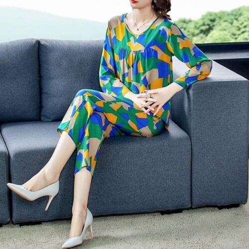 Cotton 2 Piece Sets Womens Outfits Long Sleeve O-neck Tops + Loose Pants Suits 2021 Spring Casual Printed Two Piece Set Y875
