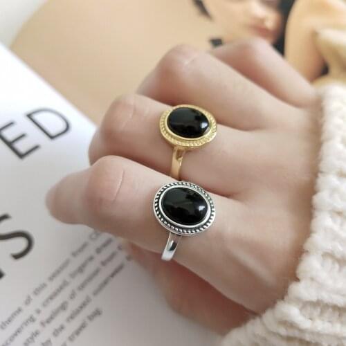 Shanice HOOP Minority Design S925 Sterling Silver Women‘s Rings With Retro Black Agate Opening Adjustable Size Fine Jewelry