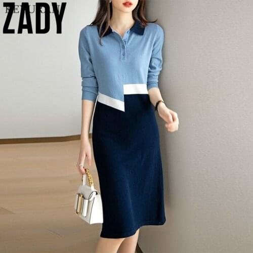 Knitted Sweater Dress Women 2021 Autumn Woman Korean Fashion Patchwork Long Sleeve Bottoming Knitting Dresses Vintage Vestidos