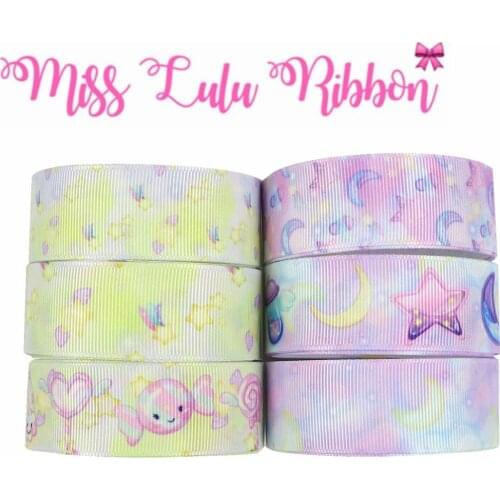 16mm-75mm Sweet Candy Purple Galaxy Printed Grosgrain/Foe Ribbon Moon Star DIY Hair Bowknots Party Decor 50yards/roll