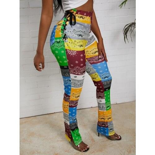 2021 Autumn New Womens Trousers Fashion Print Strappy Slit Low Waist Straight Casual Pants Plus Size