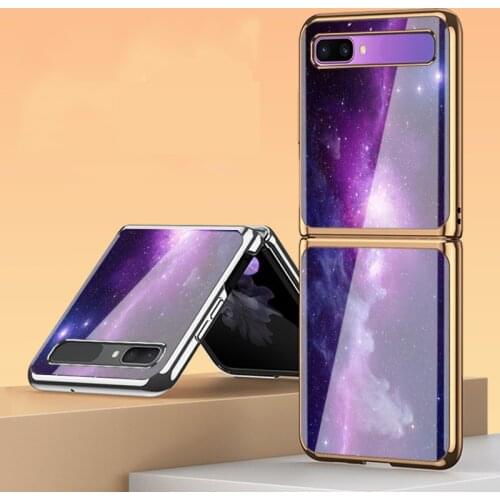 Z Flip Funda Case for Samsung Galaxy Z Flip F7000 5G Gorgeous Purple Star Belt Tempered Glass Phone Case Cover Z Flip
