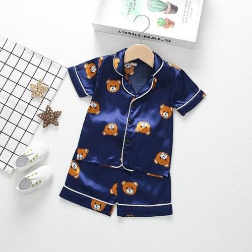 Kids Summer New Pajama Sets Silk Satin Pajamas Boys Girls Clothing Sets Pyjamas Short Sleeve Blouse Tops+Shorts 2pc Sleepwears