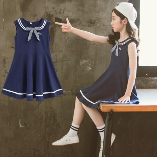 Childrens Clothing Han Edition Girls Dress 2019 Summer Institute Wind Easing Navy Skirt Cuhk Childrens Fashion Students Dress