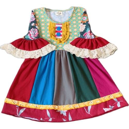 Colorful stripes green flowers Girls bib dress Hot Sale New style red lace Dress for kids girl present