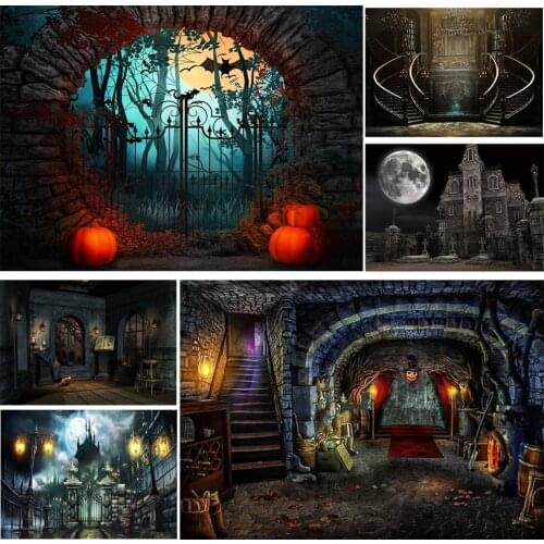 Halloween Backdrop Photography Castle Building Horror Forest Bat Grave Moon Pumpkin Baby Birthday Party Background Photo Studio