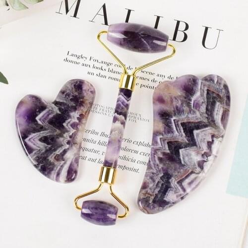 Amethyst Face Care Massage Roller Gua Sha Tool Set Natural Stone Crystal Mineral Healing Neck Eye Massager Apparatus Skincare