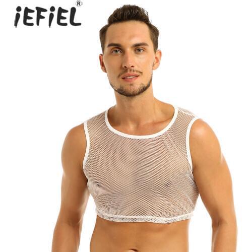 IEFiEL Men Sleeveless See-through Mesh Fishnet Muscle Slim Fit Short Style Wetlook Tank Top Mens Evening Clubwear Vest Tops