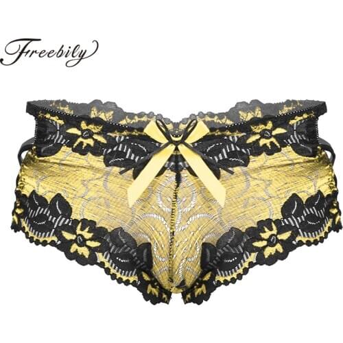 Men Sexy Sissy Low Waist Lace Briefs Thongs Bowknot Hollow Out Sissy Lingerie Underwear Nightwear Strappy Boxers Underpants
