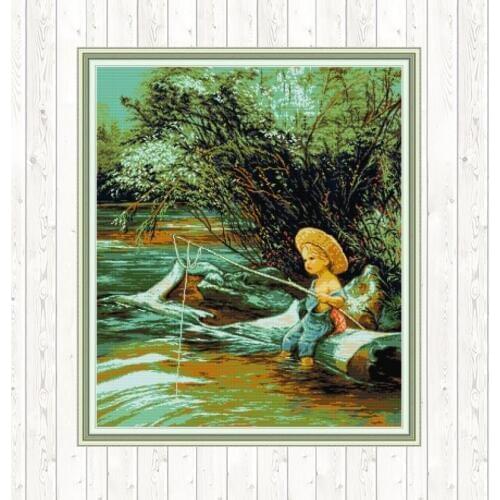 Fishing Boy Counted Cross Stitch Kits 14ct 11ct Counted Printed Patterns Canvas for Embroidery Kit DIY Needlework Decor Crafts