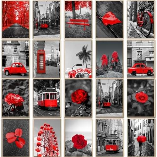 Black White Europe Red Poster Print Umbrella Tree Wall Art City Landscape Decoration Picture Living Room Canvas Painting Decor