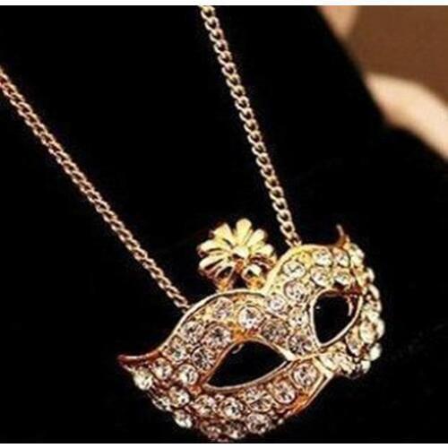 Lady Retro Style Charm Rhinestone Inlaid Flower Fox Masquerade Mask Pendant Clavicle Chain Necklace Female Collier Collares