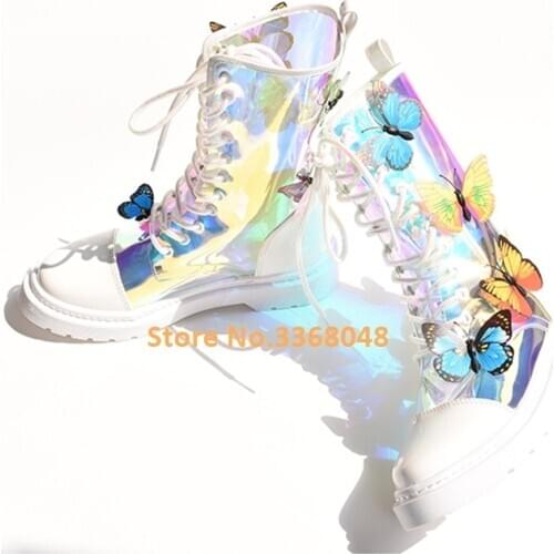 Dazzling Color change PVC Lace Up Boots Low Heel Round Toe Runway Butterfly Decor Manufacturer Mid Calf Booties