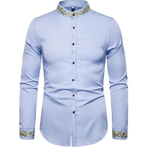 NewEmbroidery White Shirt Men Brand New Stand Collar Mens Dress Shirts Casual Slim Long Sleeve Chemise Homme Camisa Masculina