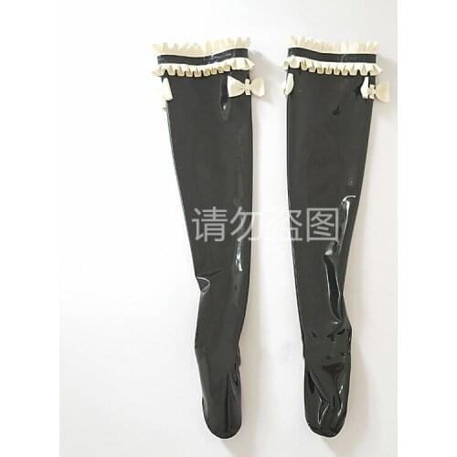 Sexy Black High Tight Thigh Stocking Fetish with White Ruffles Bow