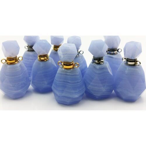 Blue Lace Agates bottle Gems stone Perfume Bottle Faceted Essential Oil Meditation Jewelry stainless steel vial Pendant charm